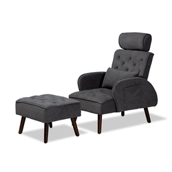 Baxton Studio Haldis Modern and Contemporary Grey velvet Fabric Upholstered and Walnut Brown Finished Wood 2-Piece Lounge Chair and Ottoman Set